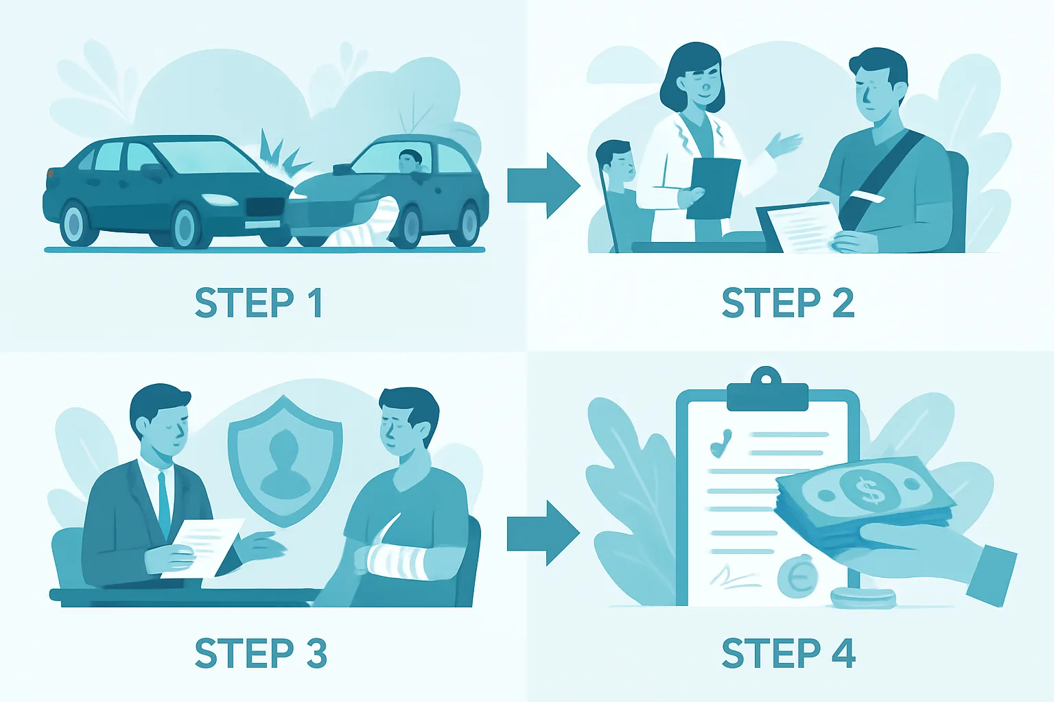 Illustration about the car accident settlement process: step by step