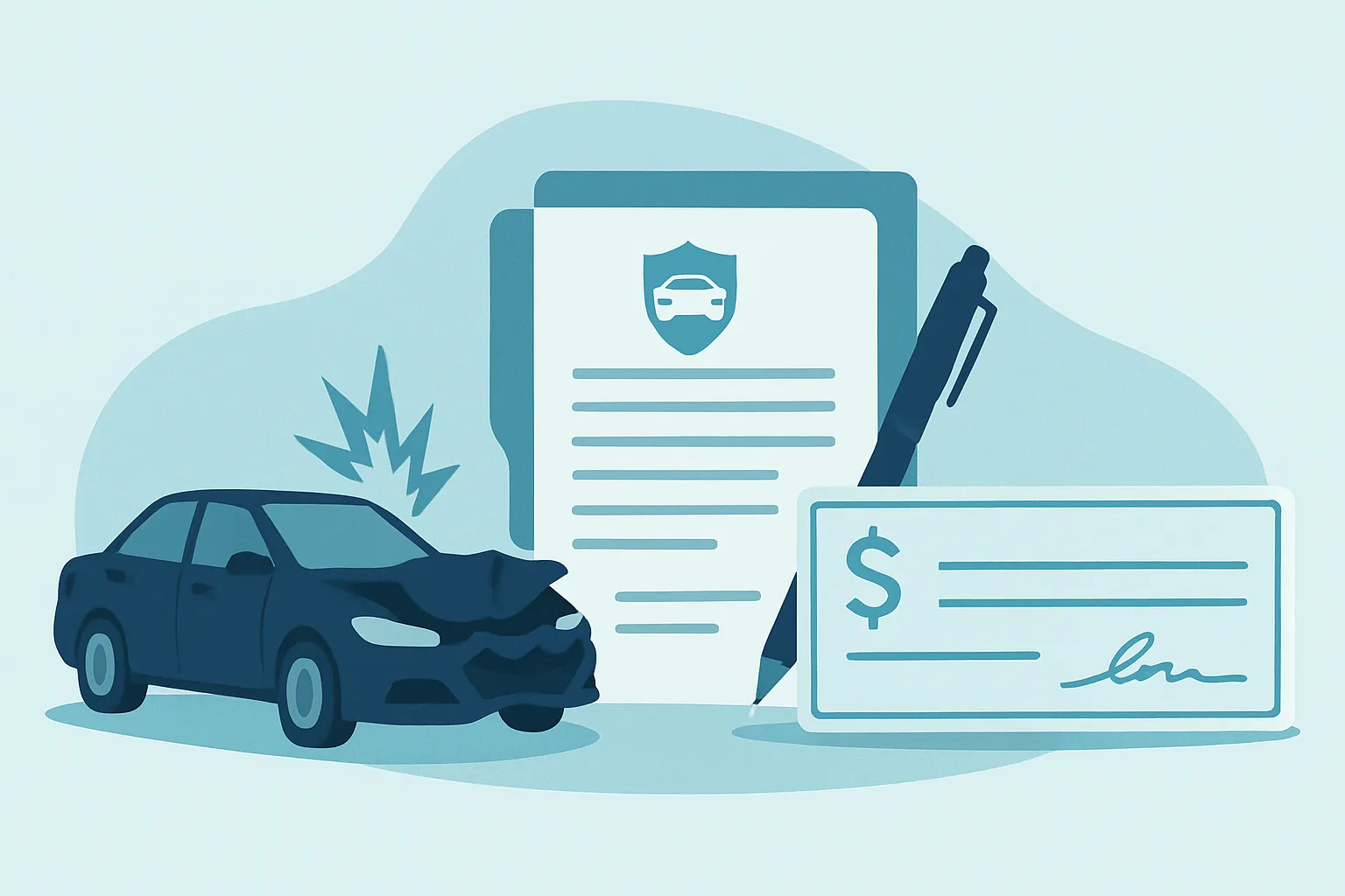 Illustration of a car accident insurance settlement and claim documents