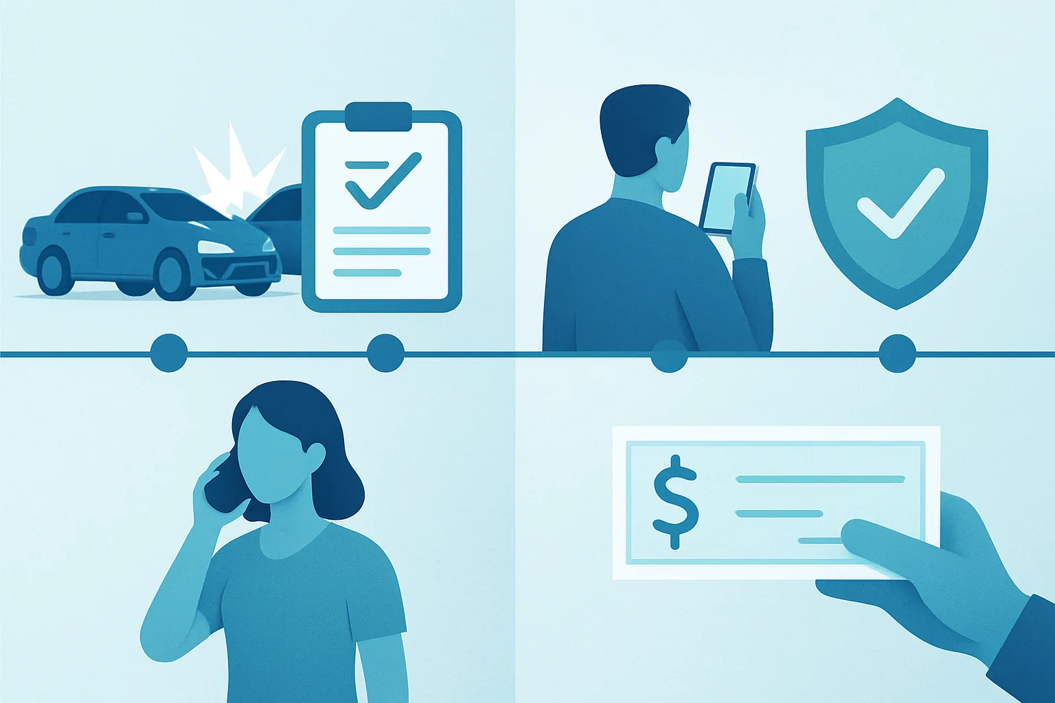 Illustration of a car accident claim timeline from accident to settlement payout