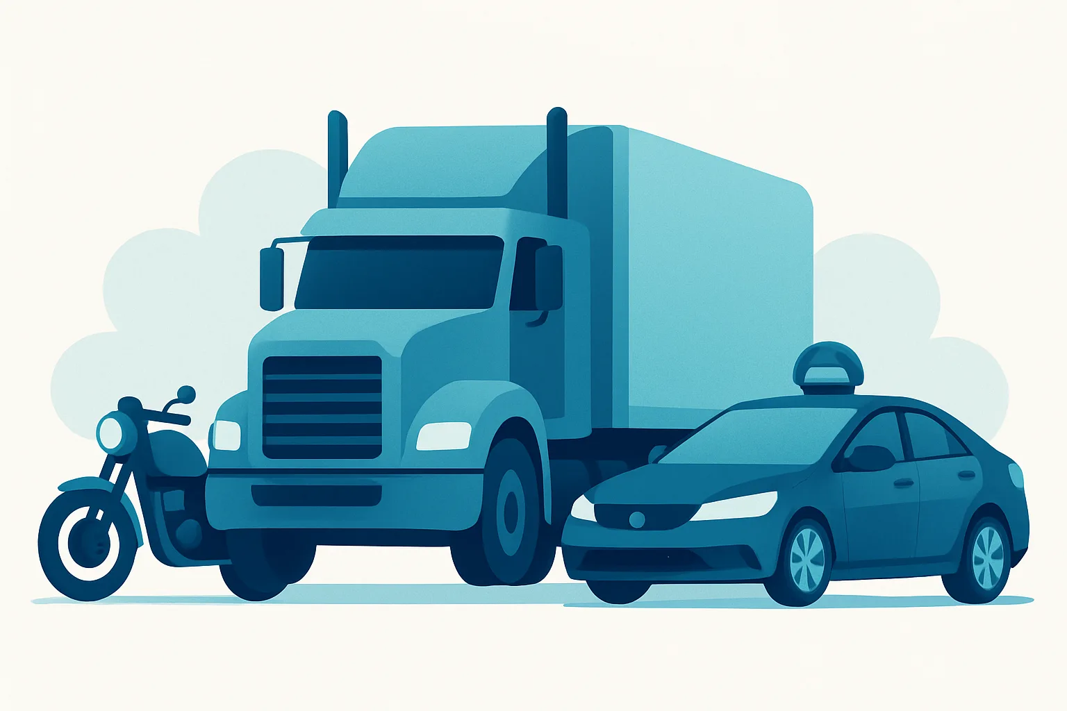Illustration of a motorcycle, a commercial truck and a rideshare car representing different accident claims