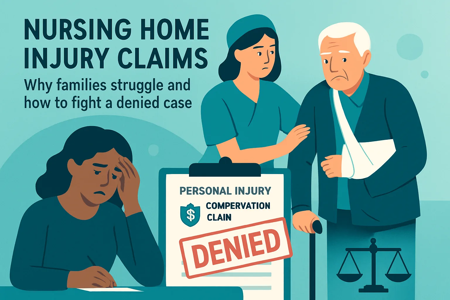 Illustration about nursing home injury claims: why families struggle and how to fight a denied case