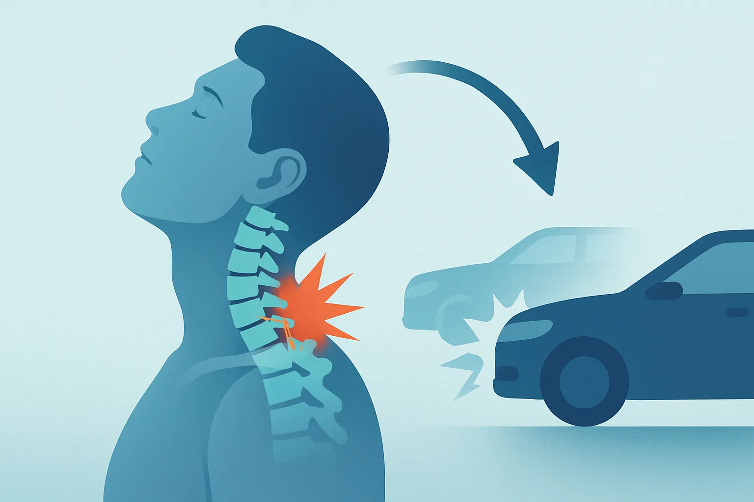 Illustration of a neck and whiplash injury after a rear-end car accident